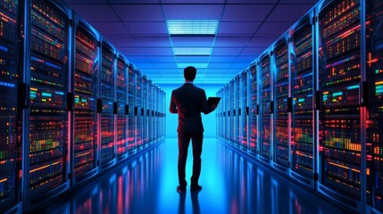 Technical service professional configuring network servers in a high-tech data center.