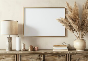 Elegant Interior Decor With Blank Frame, Lamp, and Dried Plants on Wooden Console
