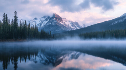 A serene mountain lake at dawn with mist