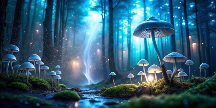 Surreal nighttime forest bathed in soft blue mist with glowing mushrooms and foggy trees surrounding a faintly lit bottle of phenibut crystals relaxing tranquility