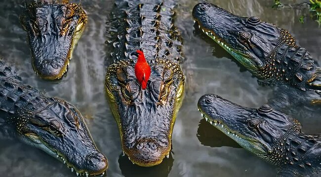A close-up, top-view shot showing the heads of five crocodiles in the water, with a vibrant red bird perched on one of the crocodile's noses.	