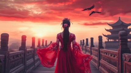 Fototapeta premium A woman in a red dress overlooks a vibrant sunset from a wooden bridge near a traditional pagoda in a peaceful landscape