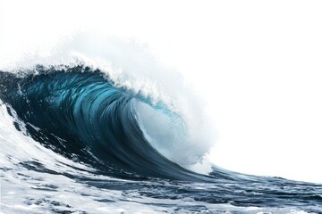 Obraz premium An isolated stormy sea wave with deep blue waves isolated against a white background. Climate in front. Stock image