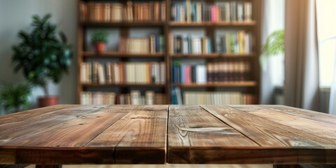 an empty wooden table with a blurred interior of a serene home study.