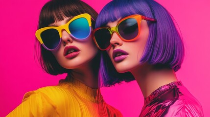 Two fashion models posing with colorful sunglasses and vivid hair colors