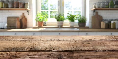 a rustic wooden table with a blurred interior of a stylish kitchen.