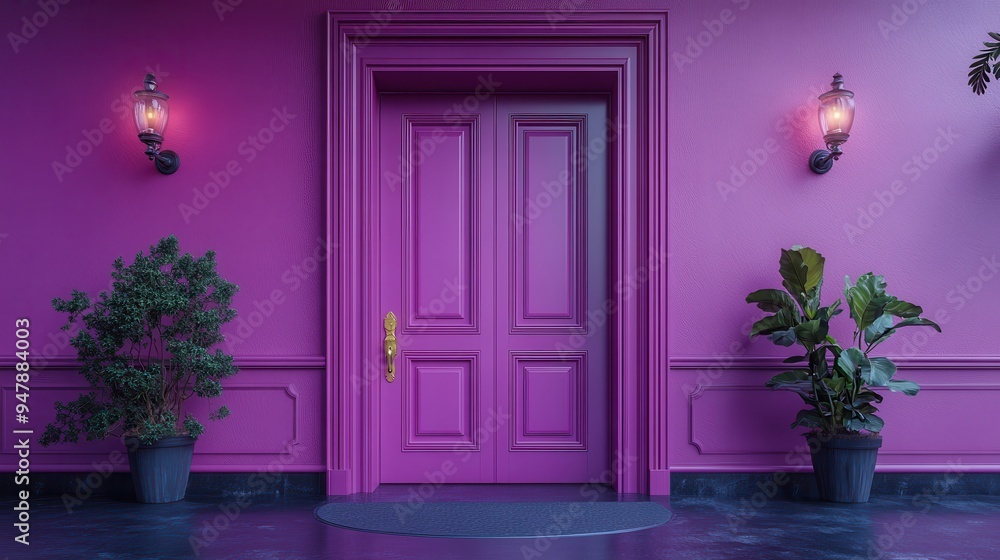Poster 3d render violet double door wide opene3d architectural or interior element isolate3d on lilac backg