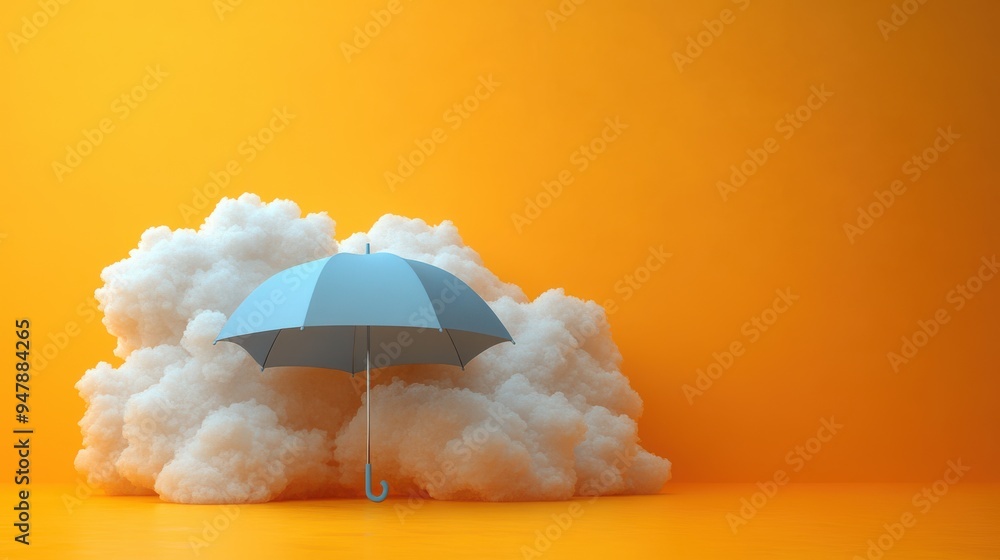 Poster 3d render white clouds an3d blue umbrella isolate3d on yellow backgroun3d weather modern minimal sce