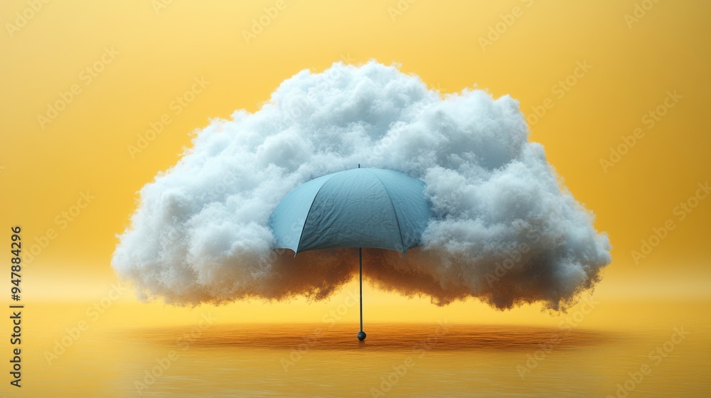 Poster 3d render white clouds an3d blue umbrella isolate3d on yellow backgroun3d weather modern minimal sce