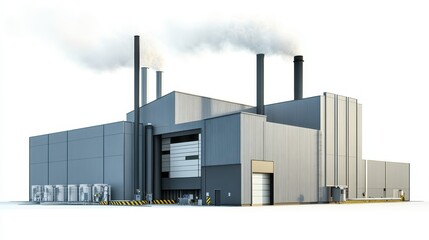 A biomass energy facility featuring large storage compartments and smoke emissions, highlighting its operational activity during daylight