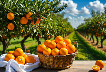 A basket of fresh juicy oranges in an orchard