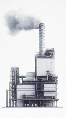 A biomass energy facility operates with large storage units, releasing smoke from a tall smokestack into the atmosphere