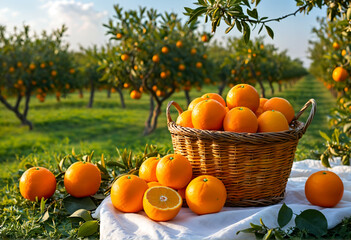 A basket of fresh juicy oranges in an orchard