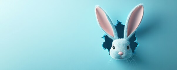 Cute Easter Bunny Peeking Through a Hole in a Blue Background