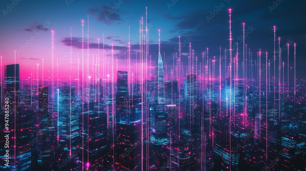 Poster A vibrant city skyline with glowing lines representing data flow and network connections, illustrating the integration of borderless communication technologies.
