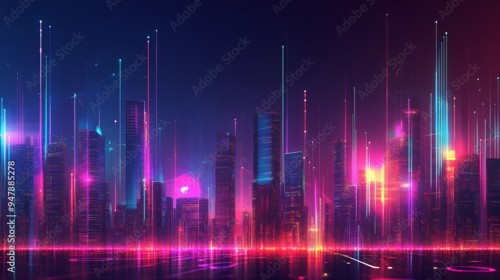 Fototapete A vibrant city skyline with glowing lines representing data flow and network connections, illustrating the integration of borderless communication technologies.