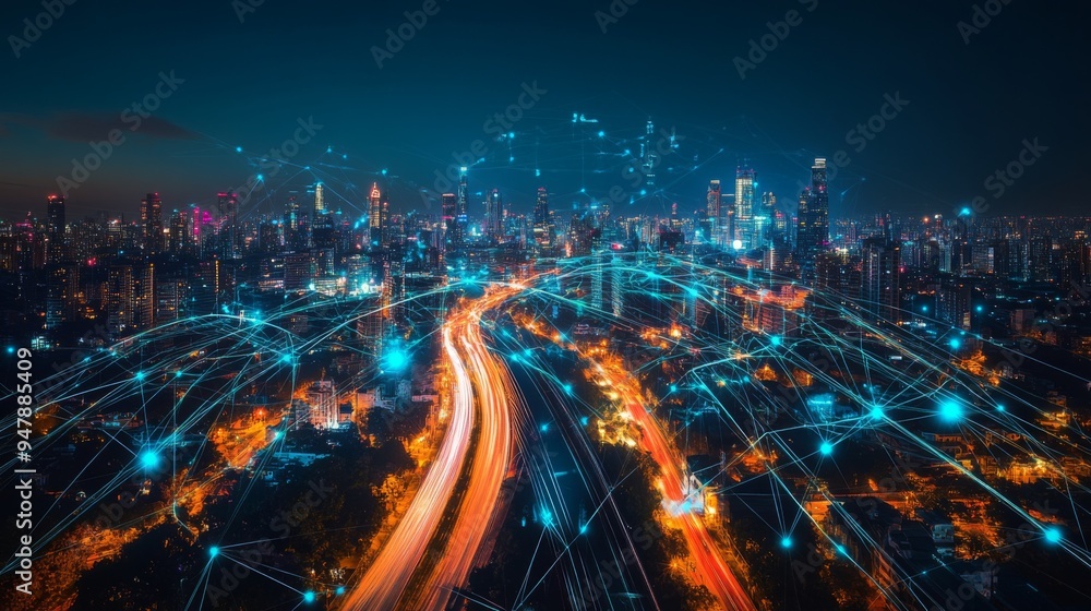 Poster a vibrant city skyline with glowing lines representing data flow and network connections, illustrati
