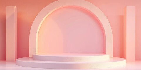 a vacant stage featuring a smooth, pastel pink background with minimal decor.