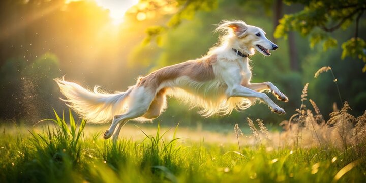 The Silken Windhound's effortless glide, suspended in mid-air, embodies freedom and poise, its wispy fur gossamer in the soft focus, surrounded by sun-kissed grass.