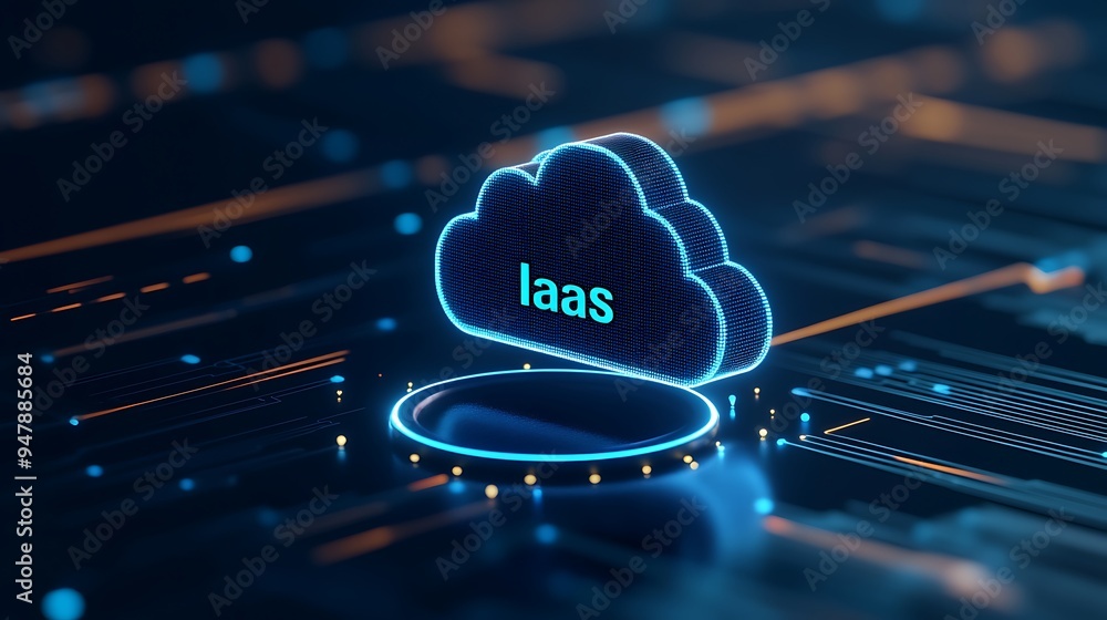 Poster 3d cloud computing concept with 'iaas' text, representing infrastructure as a service in a futuristi