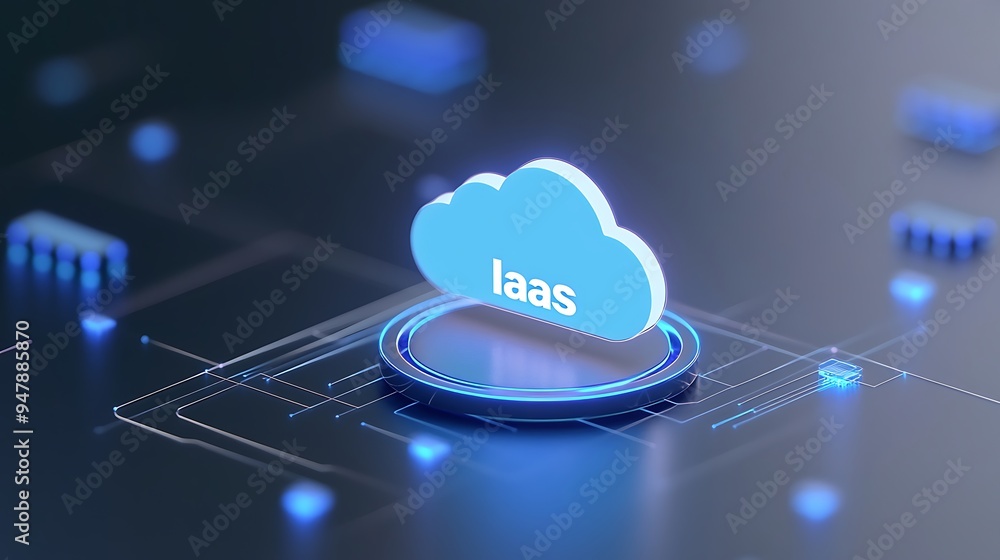 Poster 3d cloud model with 'iaas' text representing infrastructure as a service. focus on cloud computing t
