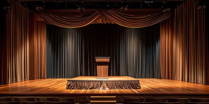 a vacant graduation stage featuring simple, elegant drapes and a podium in the center.