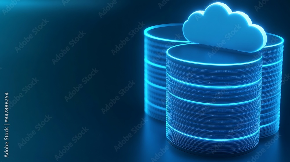 Poster 3d illustration of a cloud computing and data storage concept with glowing neon blue light for techn