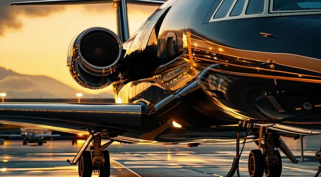 A premium black and gold private jet, parked at the airport during sunset, showcases luxurious business transport for VIPs, embodying the opulent lifestyle of millionaires and billionaires.