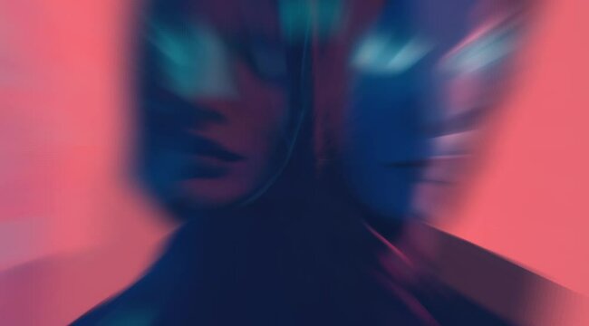 A minimalist stencil print of a futuristic female hacker in a hooded sci-fi setting with a glitchy risograph effect, flickering statics add to the mystery of the computer genius girl.