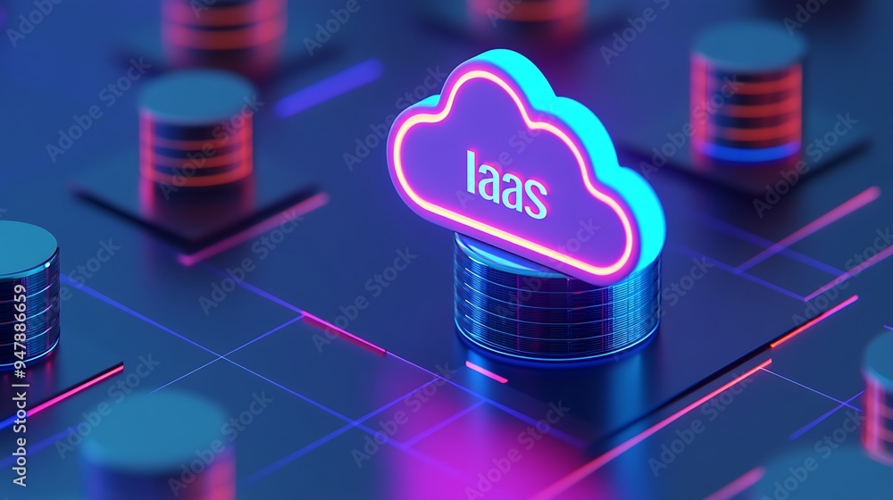 Poster 3d illustration of a cloud infrastructure with glowing iaas text atop a server, representing cloud c