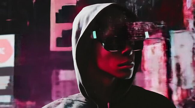 A minimalist stencil print of a futuristic female hacker in a hooded sci-fi setting with a glitchy risograph effect, flickering statics add to the mystery of the computer genius girl.