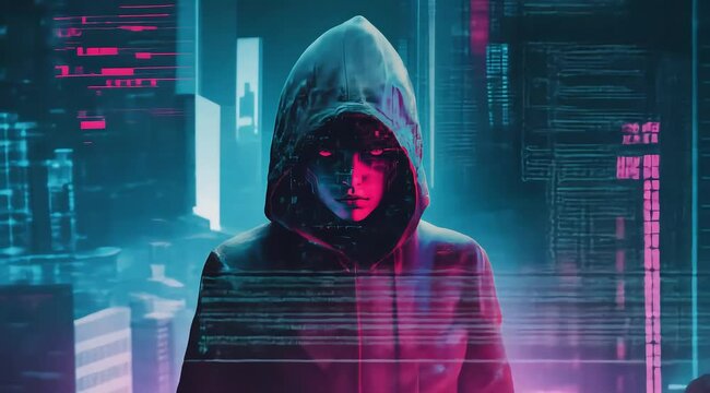 A minimalist stencil print of a futuristic female hacker in a hooded sci-fi setting with a glitchy risograph effect, flickering statics add to the mystery of the computer genius girl.