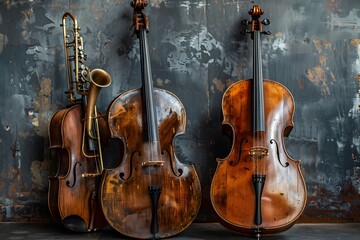 Fototapeta premium A Trio of Timeless Instruments: Cello, Trumpet, and Double Bass Against a Rustic Backdrop
