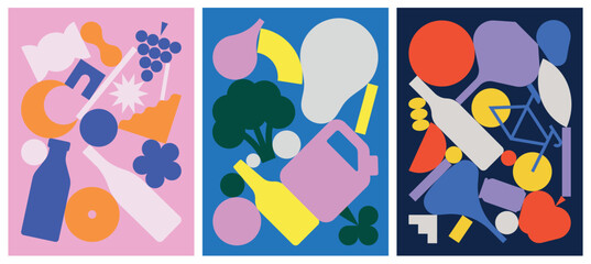 Set of contemporary, geometric and colorful compositions with simple shapes for cards, posters or covers