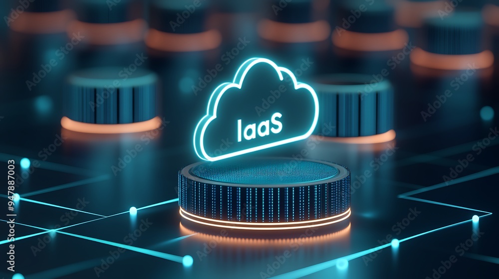 Poster 3d illustration of cloud computing concept, featuring iaas infrastructure in a futuristic digital ne