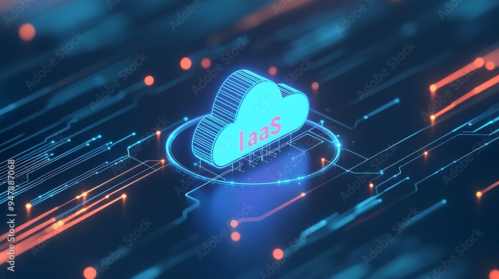 Poster 3d illustration of cloud computing concept with iaas icon on a digital circuit board, representing i
