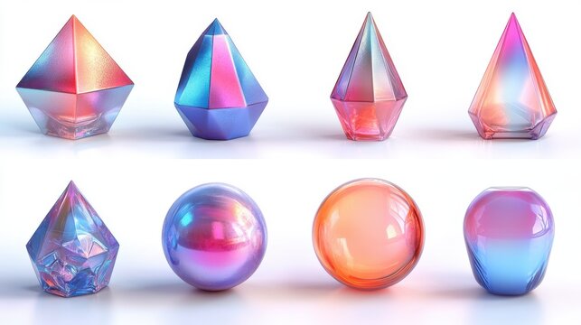 3d rendering different iridescent geometric shapes set modern minimal metal objects futuristic clip art isolate3d on transparent background