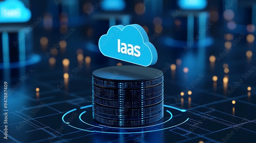 Poster 3d illustration of cloud computing with iaas concept, featuring a server stack in a modern data cent
