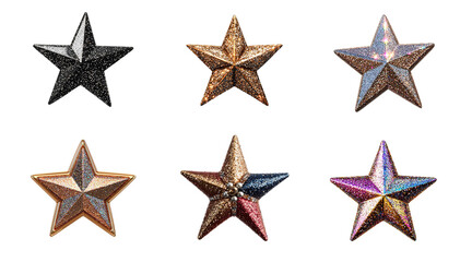 Obraz premium A collection of six metallic stars with various finishes and sizes are arranged in a grid.