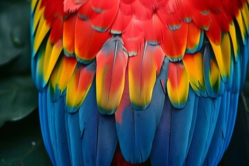 Fototapeta premium Vibrant Feathers of a Scarlet Macaw Showcasing Nature's Color Palette