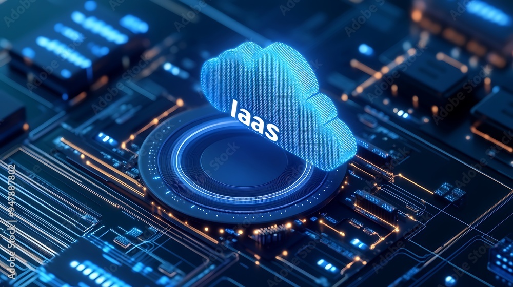 Poster 3d illustration of iaas cloud computing concept with a circuit board background, highlighting infras