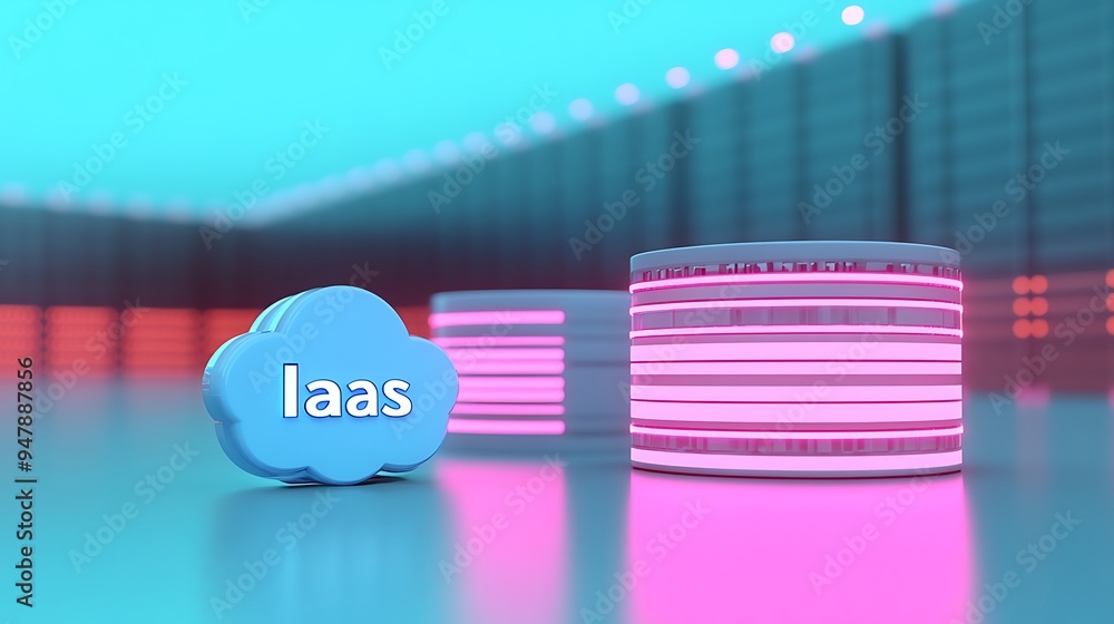 Poster 3d illustration of iaas cloud computing service with futuristic data centers and glowing servers, em