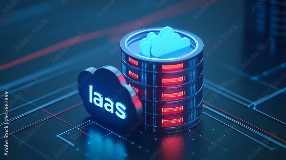 Poster 3d illustration of iaas cloud computing concept with server stack and glowing cloud symbols on digit