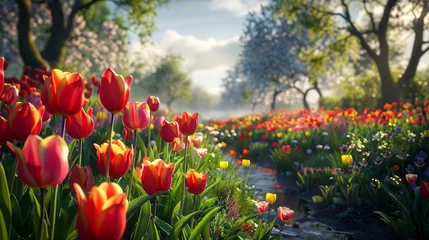 Gordijnen A picturesque path winds through a field of vibrant red tulips, bathed in the warm glow of morning sunlight. © MINMIN