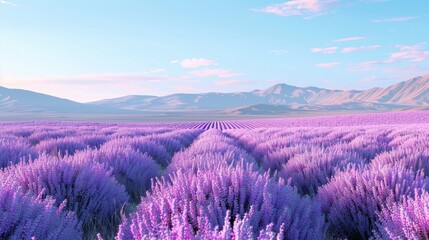 A picturesque lavender field stretches out before a mountain range under a clear blue sky.