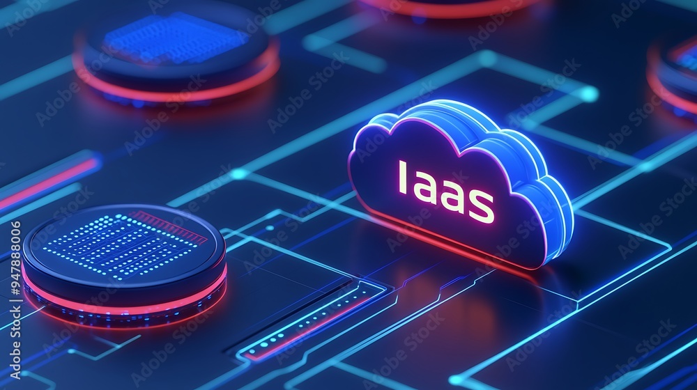 Poster 3d illustration of iaas cloud infrastructure connectivity concept with digital neon circuits and ser