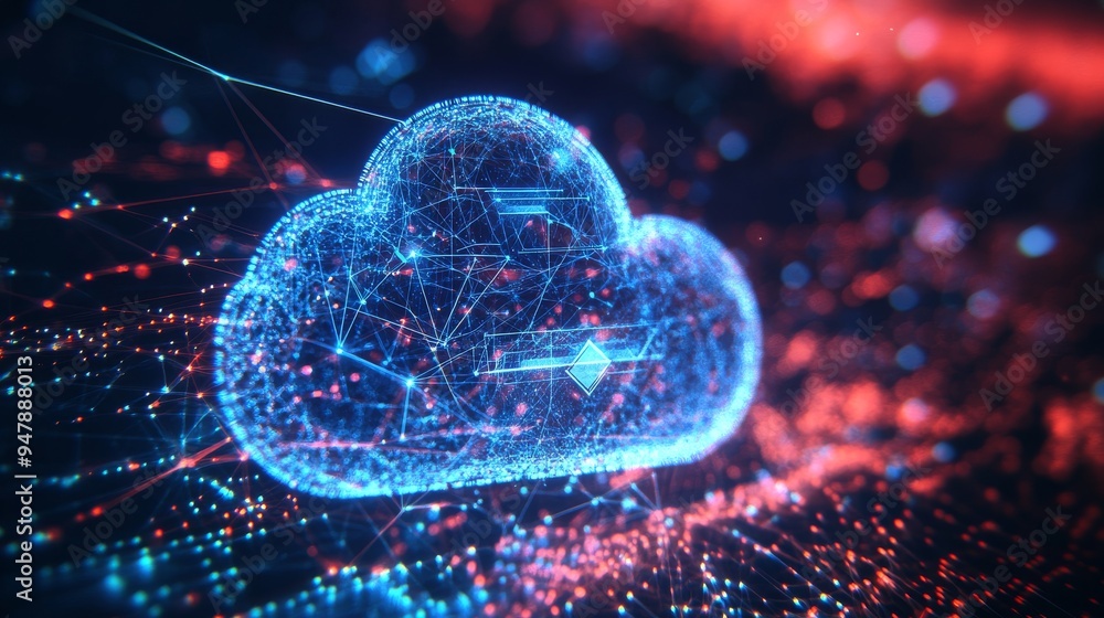 Poster an artist's concept of a businessman holding a virtual cloud computing device so he can transfer dat