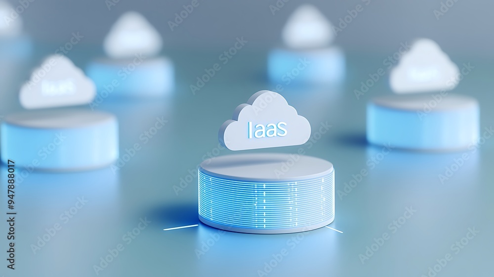 Poster 3d illustration of iaas cloud computing concept with data storage servers and cloud icons on a blue 