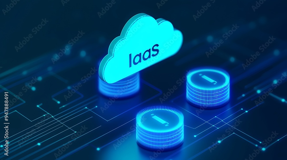 Poster 3d illustration of iaas (infrastructure as a service) cloud computing concept with glowing database 