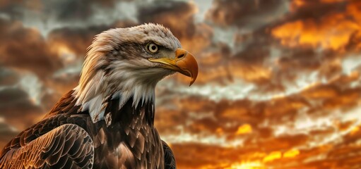 Fototapeta premium Majestic Bald Eagle Against a Dramatic Sunset Sky